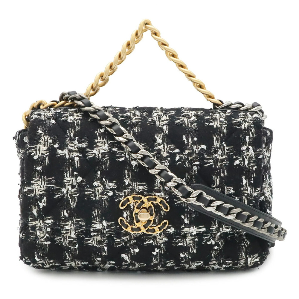 CHANEL Chanel 19 Coco Mark Chain Bag Shoulder Tweed Black Silver AS1160